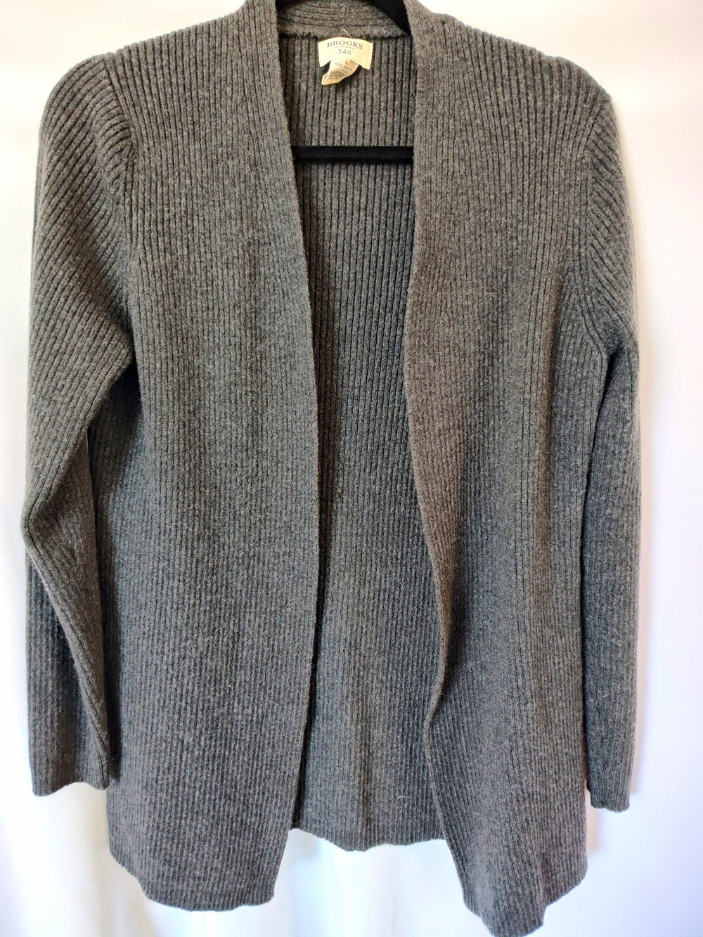 Brooks 346 Gray Merino Wool Rib-Knit V-Neck Open Front Cardigan Sweater L
